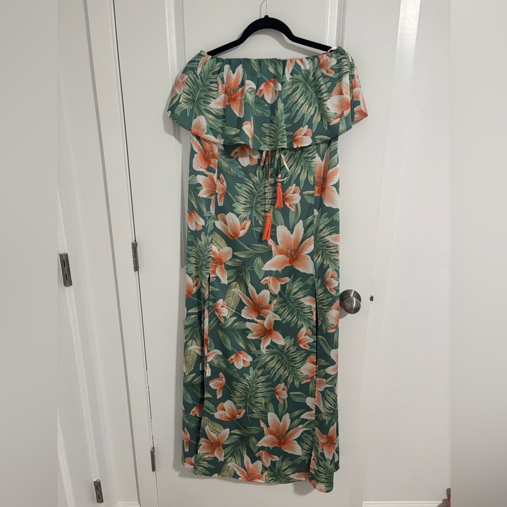 Aakaa Tropical Floral Maxi Dress in Green and Orange